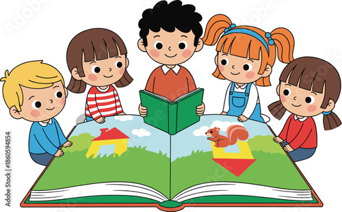 Children Reading Big Story Book Together Illustration Showing Early Education, Literacy, Imagination, Group Learning and Preschool Classroom Reading Activity