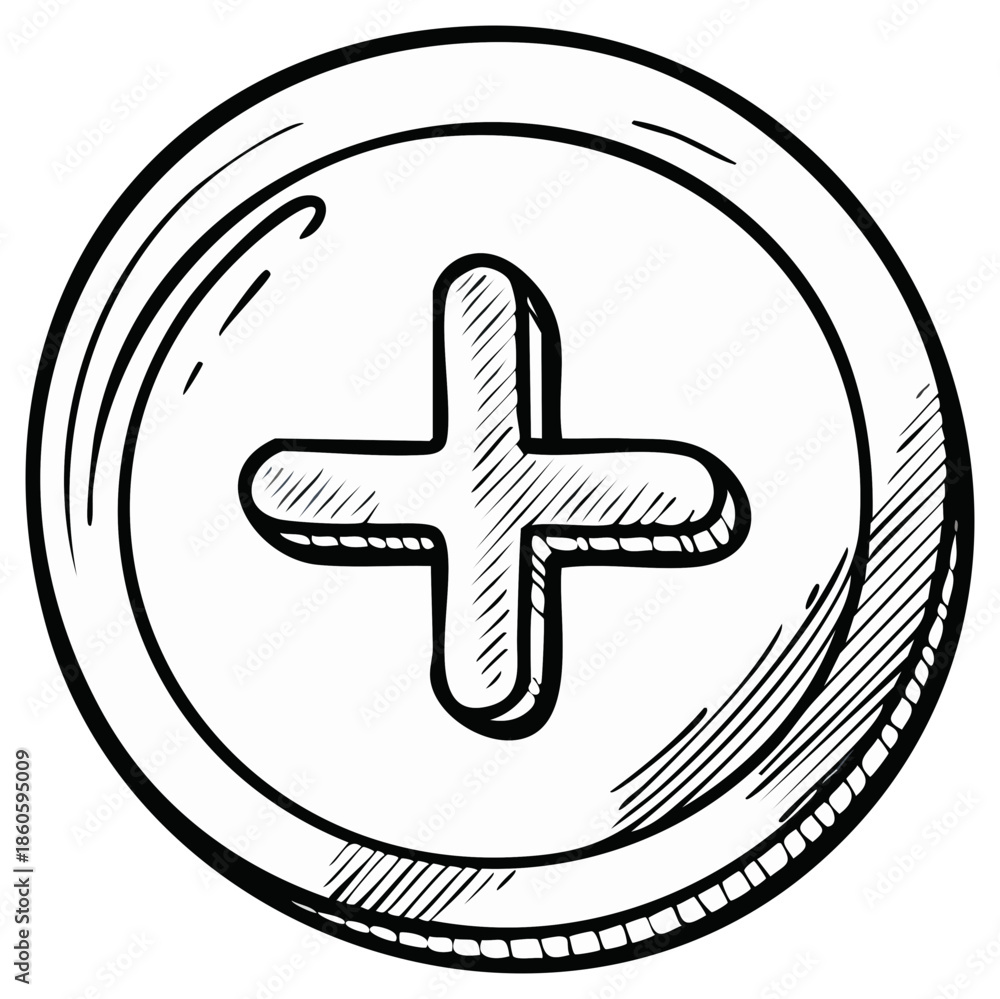 Obraz premium Hand drawn plus sign in a circle. Sketchy design for concepts of addition and positivity.