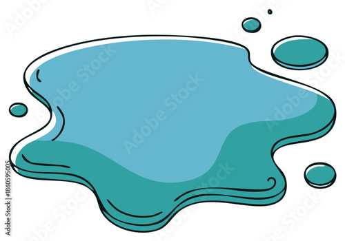Cartoon Styled Puddle with Droplets Illustration of a Pool of Liquid in Aqua Teal Colors