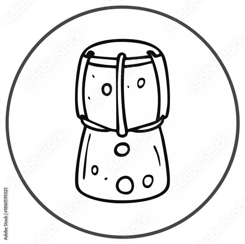 Outlined illustration of a champagne cork, isolated inside a gray circle, minimalist style.
