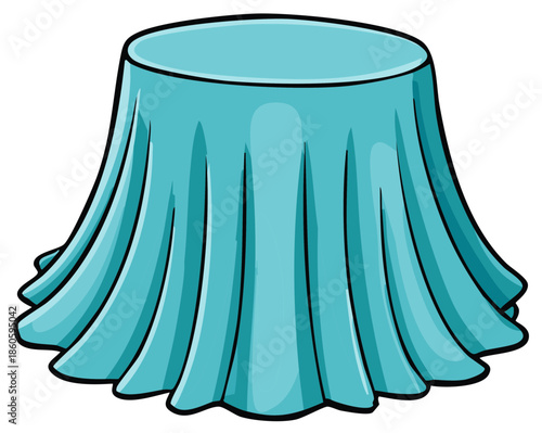 Round table covered with a draped turquoise tablecloth with flowing folds and ruffles