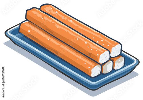 Three orange breadsticks with white centers stacked on a blue serving dish, isometric view