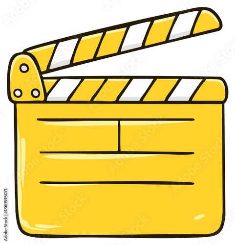 Cartoon illustration of a yellow film clapperboard, isolated on white