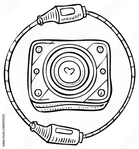 Isolated black and white camera sketch with a heart inside the lens surrounded by a cord in the shape of a circle