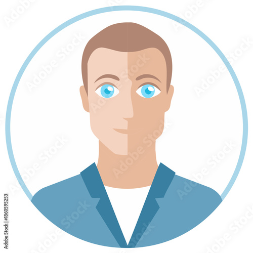 Male avatar with blue eyes and light brown hair in a round frame, illustrated