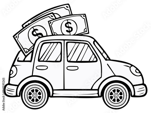Cartoon car with money on top vector illustration coloring page