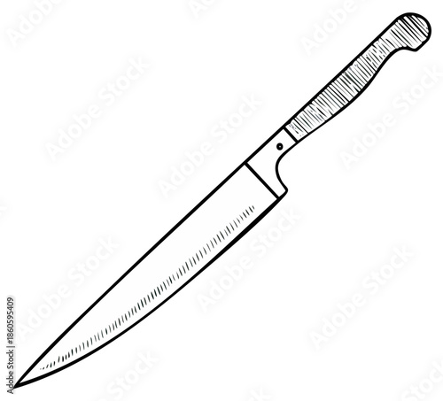 Hand drawn illustration of a sharp chef's knife with a textured handle
