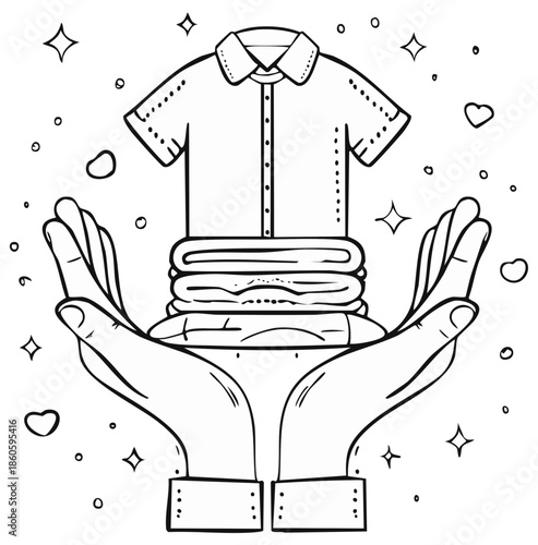 Clean shirt on folded laundry held by hands in a gentle illustration