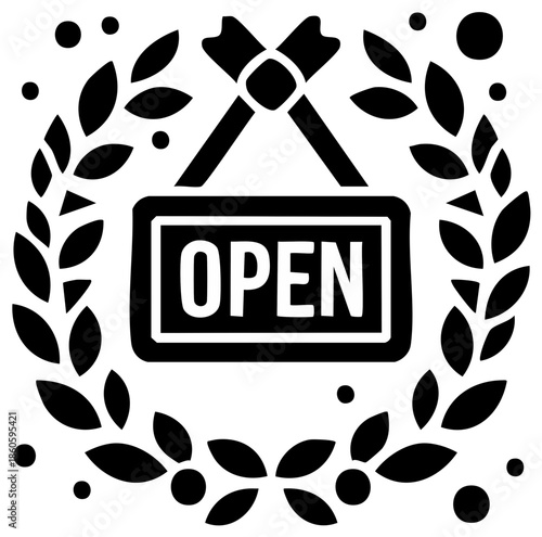 Business Open Sign Decorated with Laurel Wreath and Festive Accents