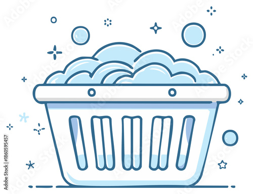 Washing basket overflowing with fluffy soap suds and sparkling bubbles, cleanliness and fresh laundry icon
