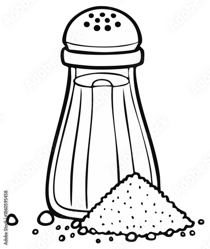 Salt Shaker with Spilled Pile Outline Illustration Black and White Kitchenware Condiment