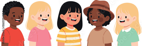 Smiling Diverse Kids Portrait Illustration with Multicultural Children Faces Showing Friendship, Happiness, Inclusion and Positive Childhood Representation