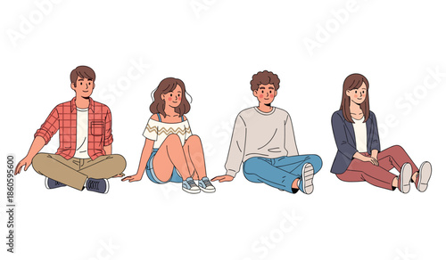 Group of diverse young adults sitting on the ground smiling
