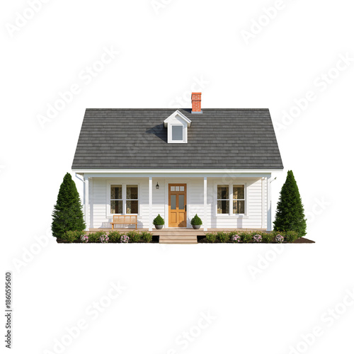 Small White House With a Gray Roof and a Front Porch Surrounded by Plants and...