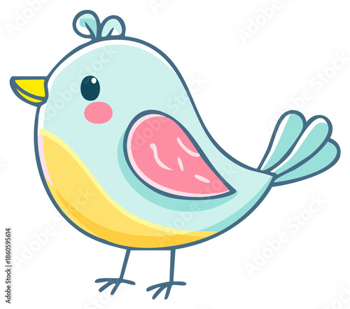 Cute cartoon baby bird with yellow beak and pink cheek patch