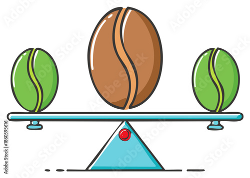 Balanced coffee beans illustration of coffee roasts, stages and weighing.