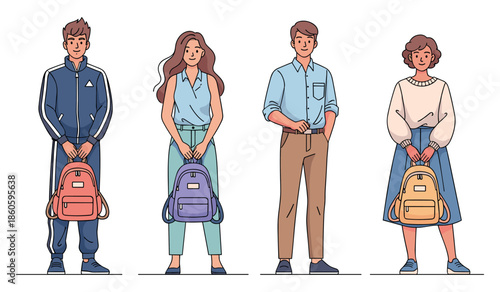 Group of diverse young adults with backpacks standing in casual attire