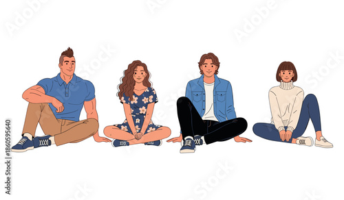 Group of diverse young adults seated on the ground in casual attire