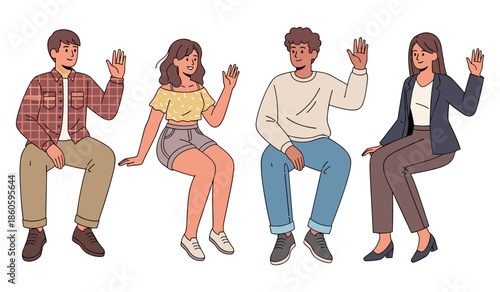 Four diverse young adults waving and smiling in casual and formal attire