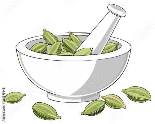 Cardamom pods in mortar and pestle, spice ingredient preparation