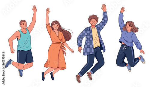 Diverse young adults jumping and raising hands in joyful motion