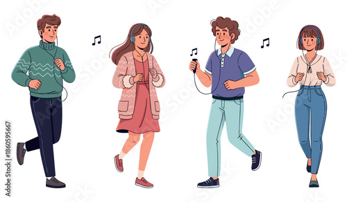 Young diverse group enjoying music while jogging and walking with headphones