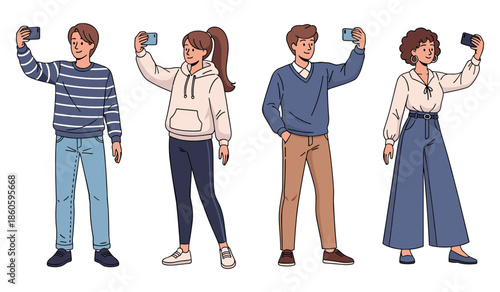 Diverse group of young adults taking selfies with smartphones