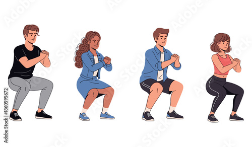 Diverse individuals performing squats: fitness enthusiasts exercising together