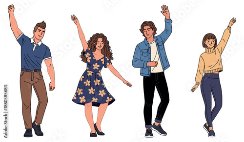 Group of diverse young adults dancing with joyful expressions