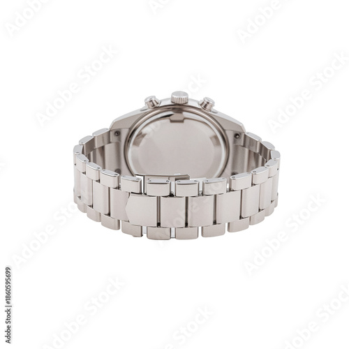 Silver Watch With Metal Band Displayed on a White Background in a Studio Setting