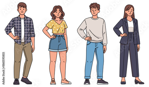 Diverse young adults in casual and formal outfits standing confidently