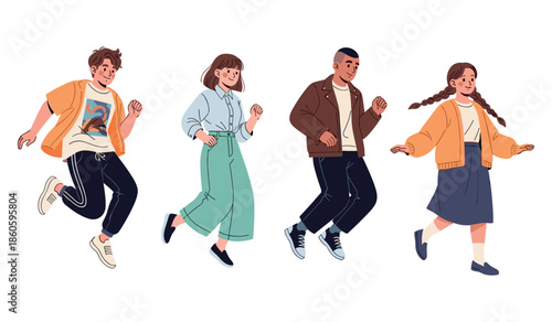 Diverse group of young adults dancing happily in casual outfits