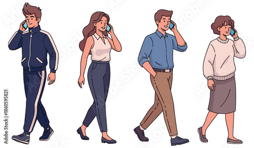 Diverse cartoon characters using smartphones: casual outfits and engaged conversations