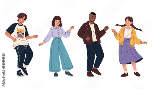 Diverse group of teens dancing together in casual outfits