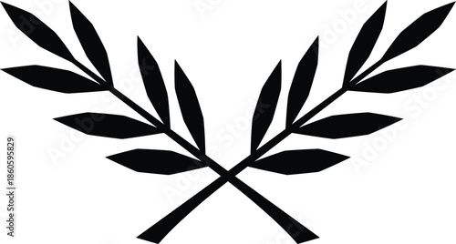 Crossed olive branch silhouette symbol representing peace, victory, and harmony isolated on white background for logo and emblem design