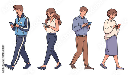 Group of adults engaged with smartphones: diverse male and female characters