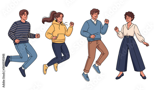 Group of diverse young adults jumping with joy in casual outfits