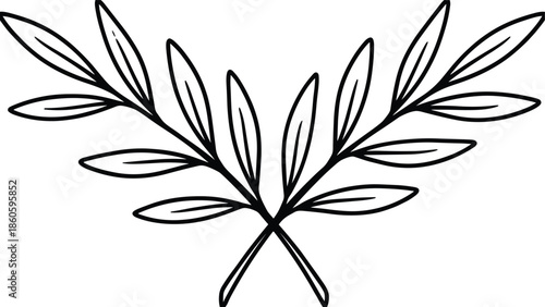 Crossed olive branch silhouette symbol representing peace, victory, and harmony isolated on white background for logo and emblem design