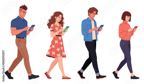 Diverse young adults walking with smartphones