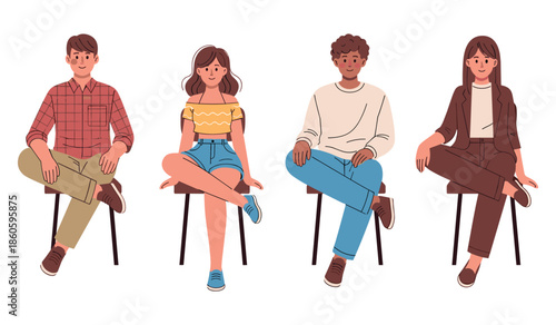 Four diverse young adults seated on chairs in casual and formal attire