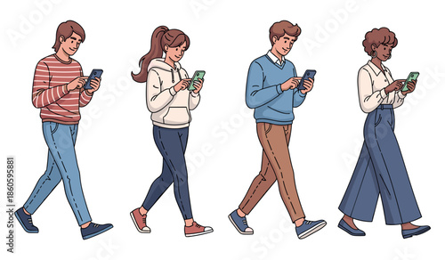 Diverse young adults engaged with smartphones while walking