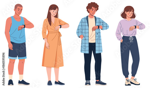 Diverse young adults checking time on smartwatches