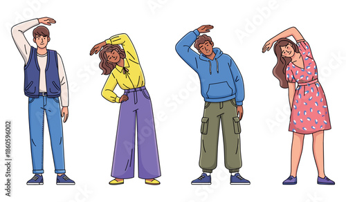 Diverse group stretching exercise: young adults engaging in fitness routine