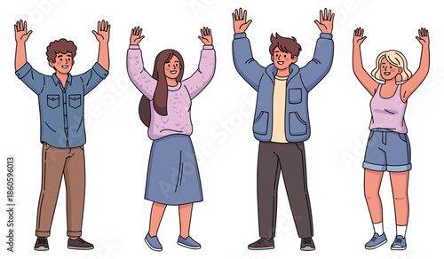 Cartoon group of diverse young adults with raised hands in casual attire