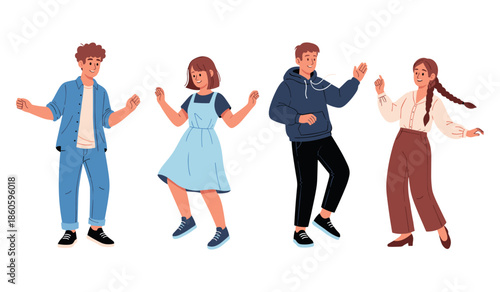 Diverse group of happy young adults dancing together in casual outfits