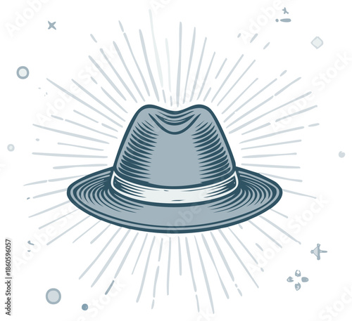 Retro hat with striped ribbon and sunburst design element - vintage fashion style icon