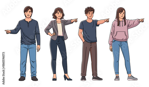 Diverse group of young adults pointing forward