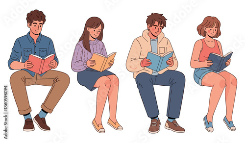 Diverse young adults sitting and reading books