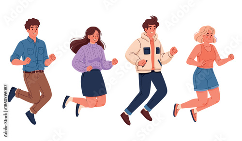 Animated group running: diverse young adults in casual attire