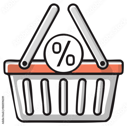 Shopping basket with percentage sign symbolizing discounts and promotions